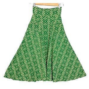 Effie's Heart Retro Stretch Aline Skirt XS Green Ivory Midi Length Heart Pockets